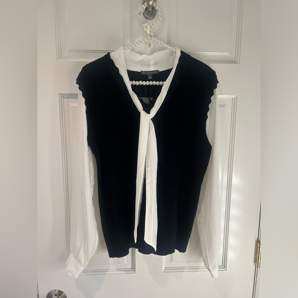 Adrianna Papell Black and White Blouse with Tie